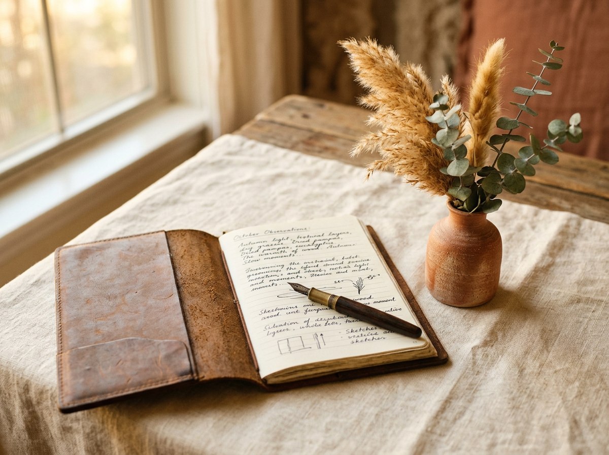 Bloco de notas, caneta de tinta permanente e flores secas sobre uma mesa, em tons quentes