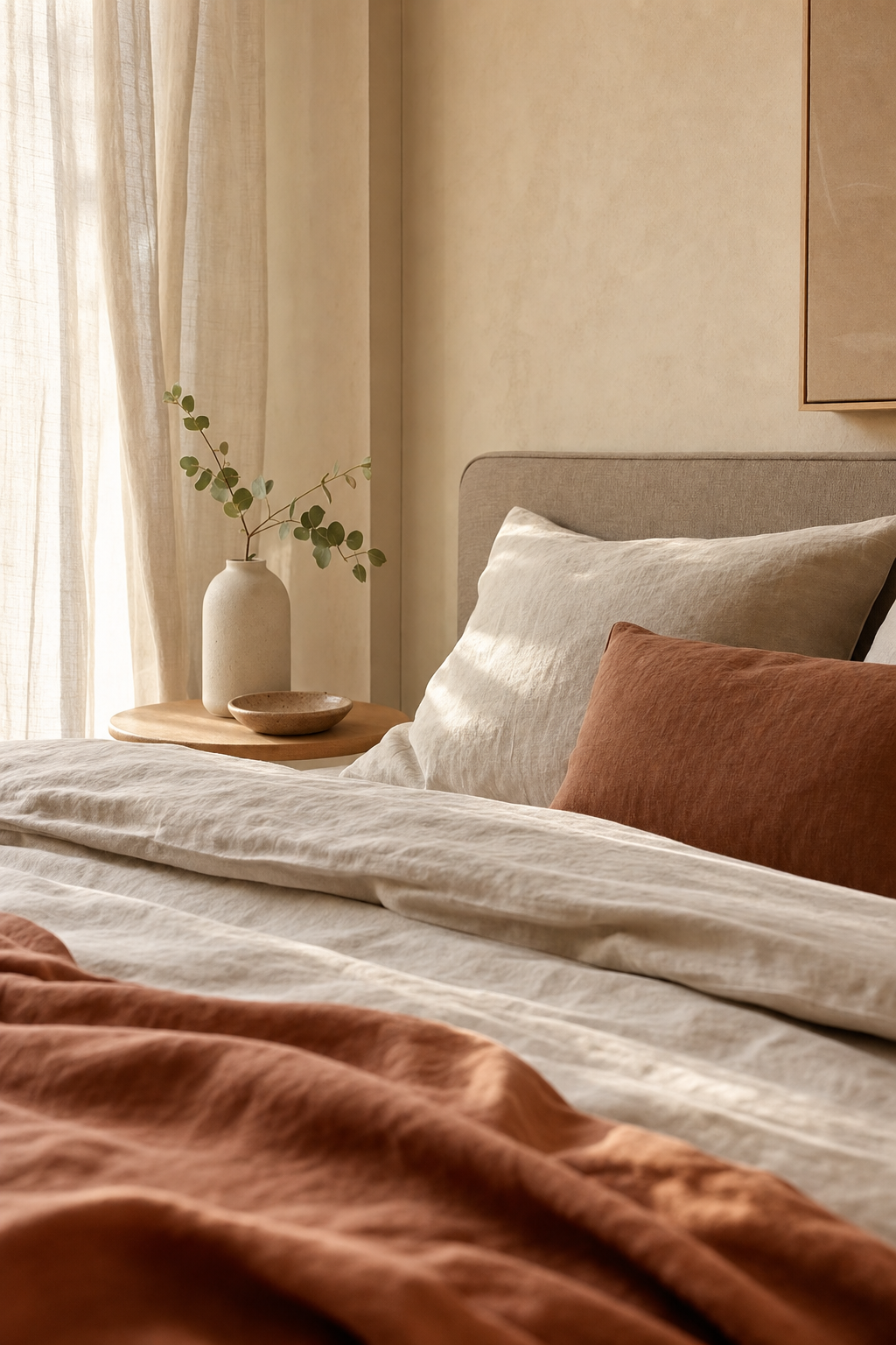 Quarto minimalista com roupa de cama de linho, representativo do setor de colchões e descanso