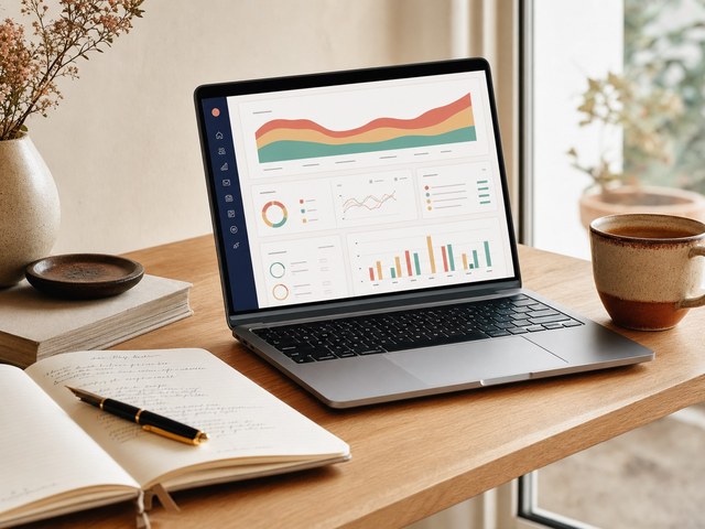 Mesa de trabalho com computador portátil a mostrar gráficos de redes sociais, bloco de notas e caneta, ambiente de consultoria independente