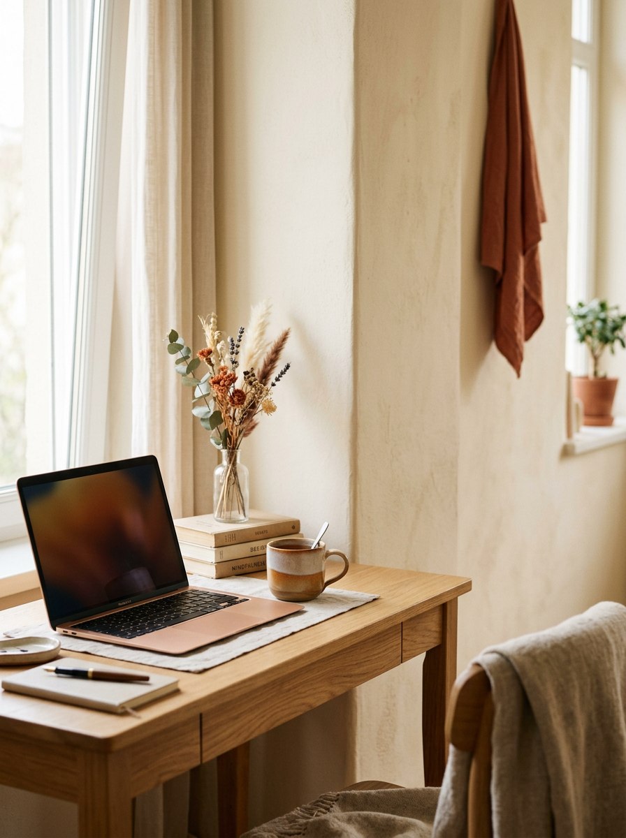 Canto de escritório em casa, com computador portátil, chá e flores secas, ambiente calmo e luminoso