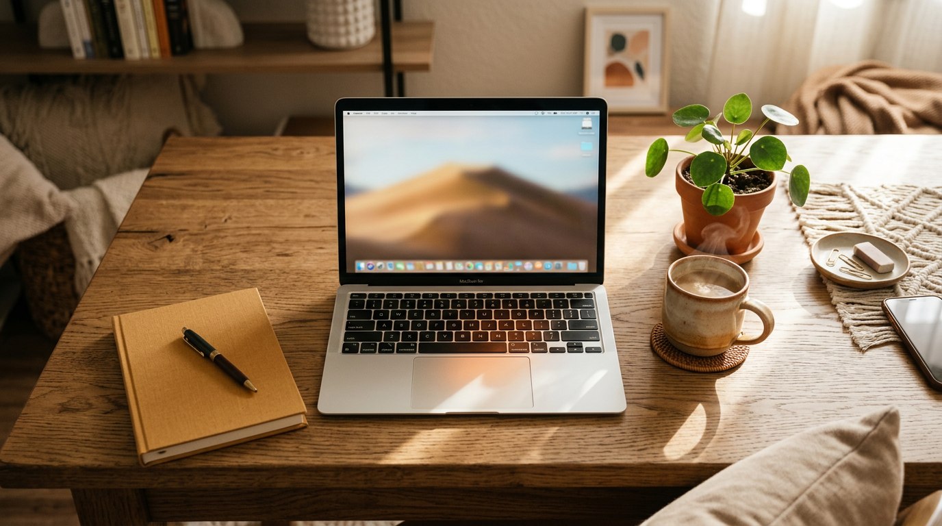 Espaço de trabalho remoto acolhedor, com computador portátil, café e planta, em luz natural quente